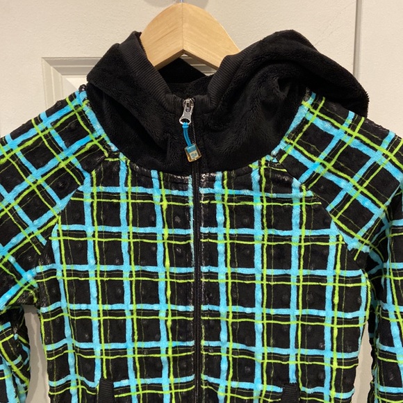 Triple Flip Black, Blue and Green Plaid Patterned Plush Zipping Hoodie - Picture 2 of 7